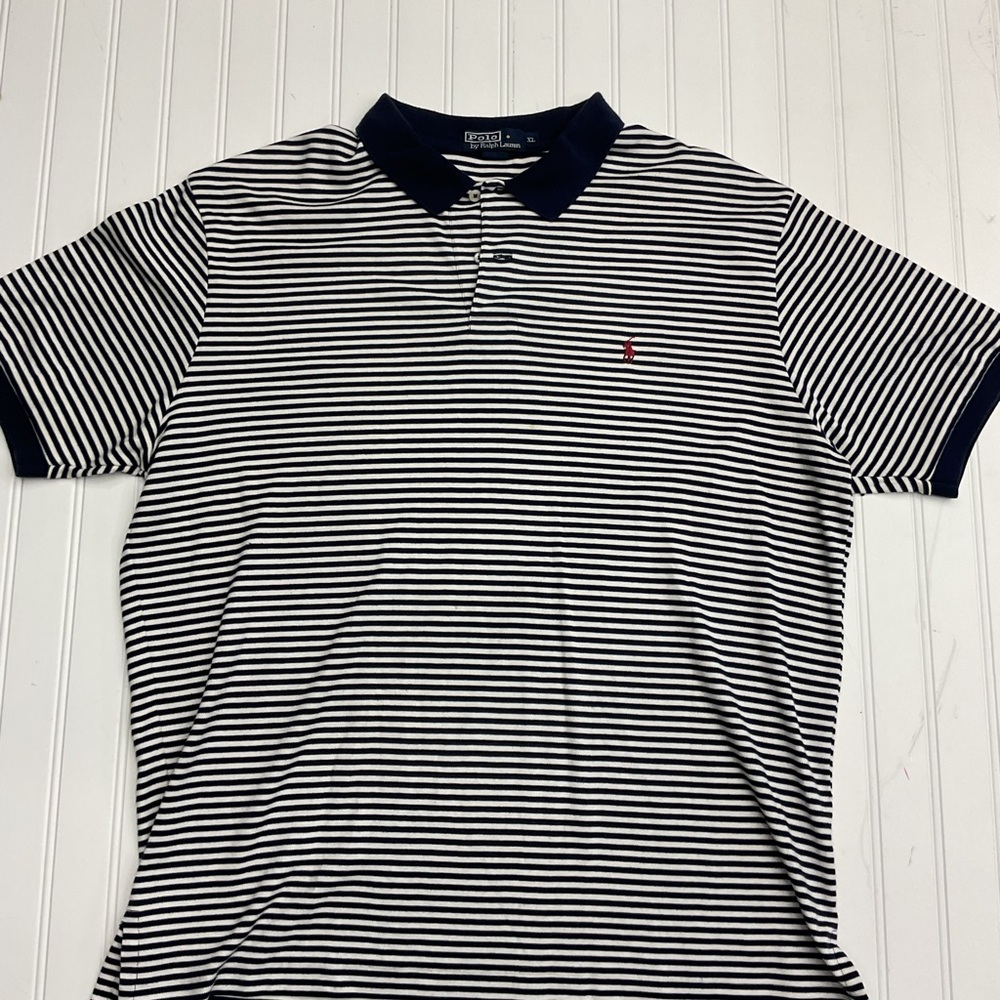 Vintage 90s Polo Ralph Lauren Shirt Mens XL Navy White Stripe Red Pony Logo